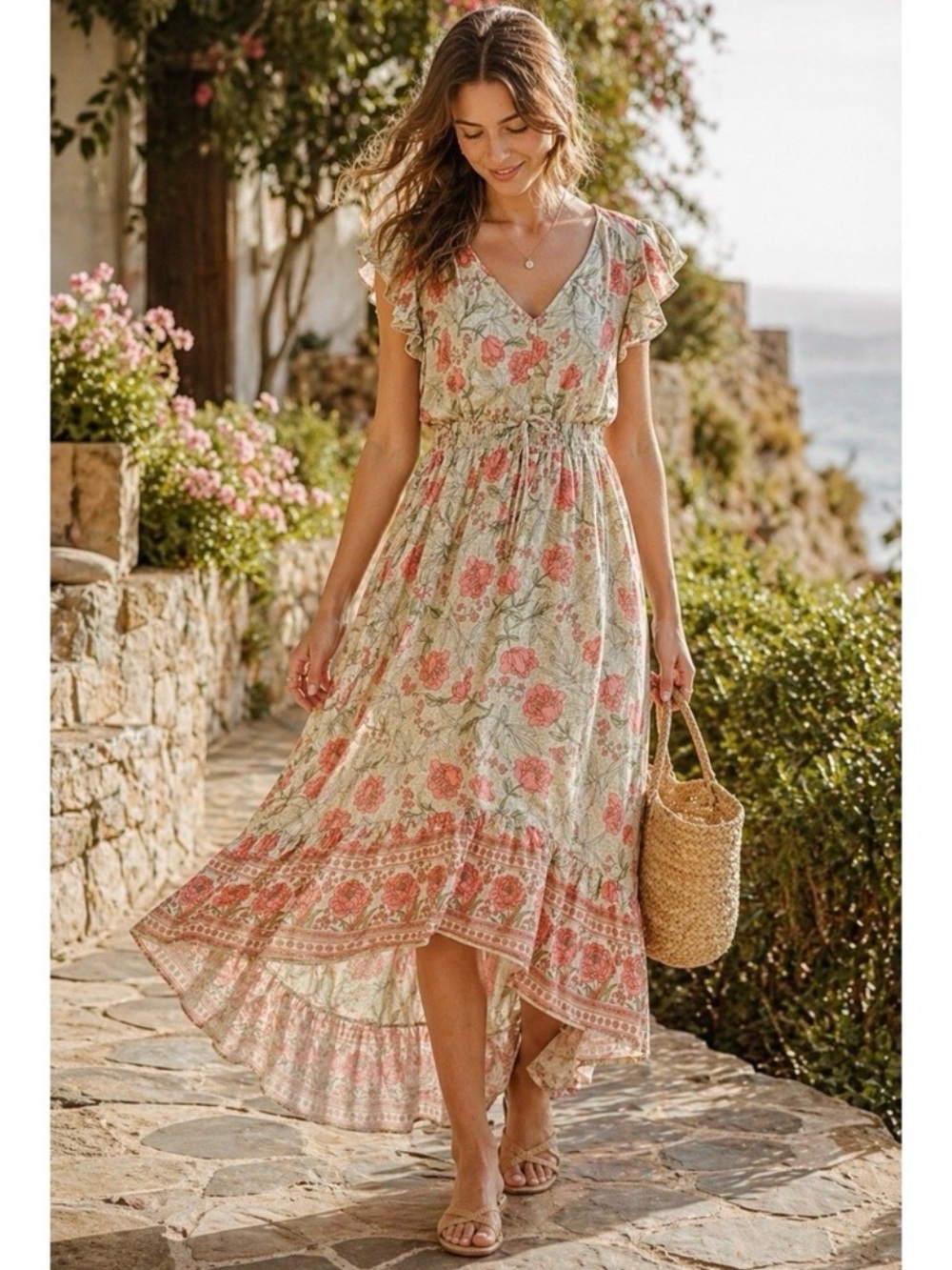 Anthropologie Floral Ruffle High-Low Dress in Sage & Pink by Kindred Size XL